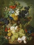 Roses, Chrysanthemums, Peonies and Other Flowers in a Glass Vase with Goldfish on a Stone Ledge-Jan van Os-Giclee Print