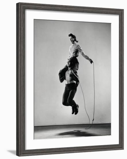 Jane Eakin on Shoulders of Rope Skipping Champion Gordon Hathaway-Gjon Mili-Framed Photographic Print