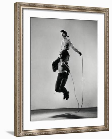 Jane Eakin on Shoulders of Rope Skipping Champion Gordon Hathaway-Gjon Mili-Framed Photographic Print