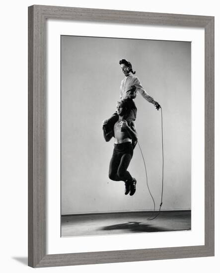 Jane Eakin on Shoulders of Rope Skipping Champion Gordon Hathaway-Gjon Mili-Framed Photographic Print