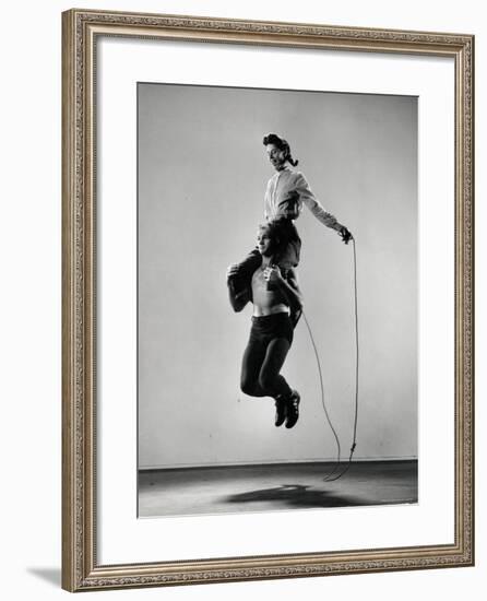 Jane Eakin on Shoulders of Rope Skipping Champion Gordon Hathaway-Gjon Mili-Framed Photographic Print