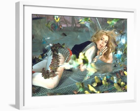 Jane Fonda is Preyed Upon by Parakeets and Finches in Scene from Roger Vadim's "Barbarella"-Carlo Bavagnoli-Framed Premium Photographic Print