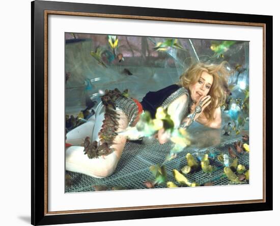 Jane Fonda is Preyed Upon by Parakeets and Finches in Scene from Roger Vadim's "Barbarella"-Carlo Bavagnoli-Framed Premium Photographic Print