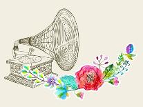 Vintage Gramophone, Record Player Background with Floral Ornament, Beautiful Illustration with Wate-Jane_Lane-Art Print