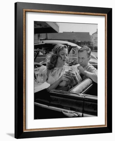 Jane Nigh and Fine Stopping at a Drive in For Cold Drinks-Walter Sanders-Framed Photographic Print