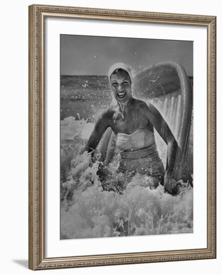 Janet Sims Playing in the Water on a Plastic Boat-George Silk-Framed Photographic Print