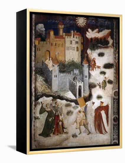 January or Aquarius with Courtiers in Snowball Fight Outside Stenico Castle, c.1400-Venceslao-Framed Premier Image Canvas