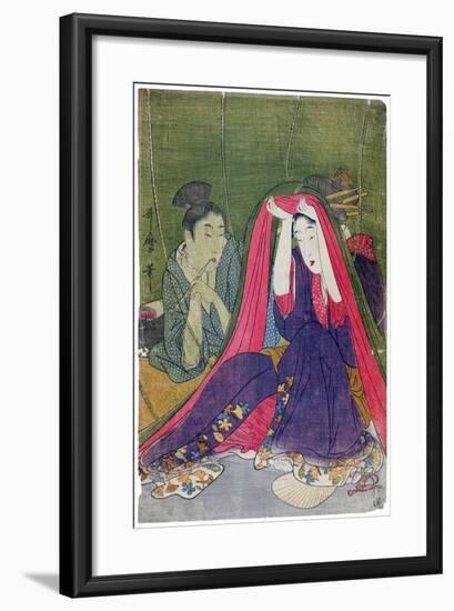 Japan: a Couple, the Man Smoking a Pipe and a Woman Lifting the Mosquito Net-Kitagawa Utamaro-Framed Giclee Print