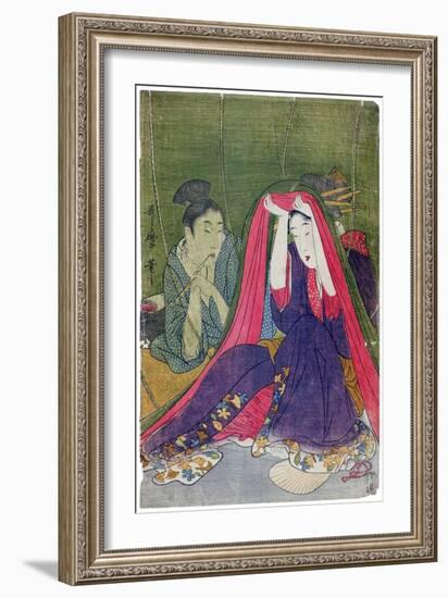 Japan: a Couple, the Man Smoking a Pipe and a Woman Lifting the Mosquito Net-Kitagawa Utamaro-Framed Giclee Print