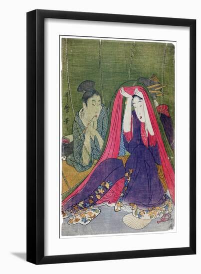 Japan: a Couple, the Man Smoking a Pipe and a Woman Lifting the Mosquito Net-Kitagawa Utamaro-Framed Giclee Print