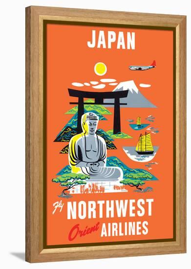 Japan - Fly Northwest Orient Airlines - Vintage Airline Travel Poster, 1950s-Pacifica Island Art-Framed Stretched Canvas