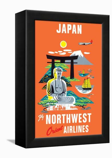 Japan - Fly Northwest Orient Airlines - Vintage Airline Travel Poster, 1950s-Pacifica Island Art-Framed Stretched Canvas