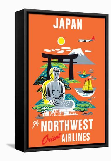 Japan - Fly Northwest Orient Airlines - Vintage Airline Travel Poster, 1950s-Pacifica Island Art-Framed Stretched Canvas