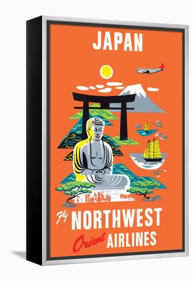 Japan - Fly Northwest Orient Airlines - Vintage Airline Travel Poster, 1950s-Pacifica Island Art-Framed Stretched Canvas