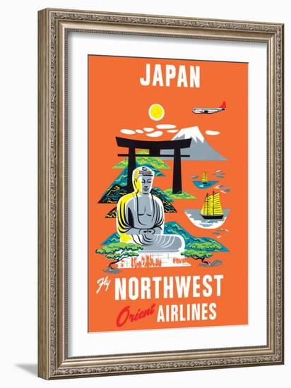 Japan - Fly Northwest Orient Airlines - Vintage Airline Travel Poster, 1950s-Pacifica Island Art-Framed Art Print