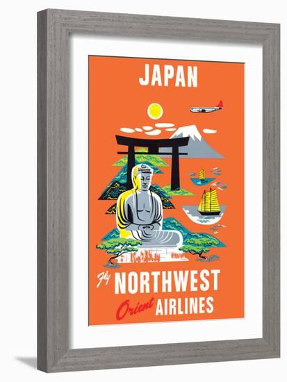 Japan - Fly Northwest Orient Airlines - Vintage Airline Travel Poster, 1950s-Pacifica Island Art-Framed Art Print