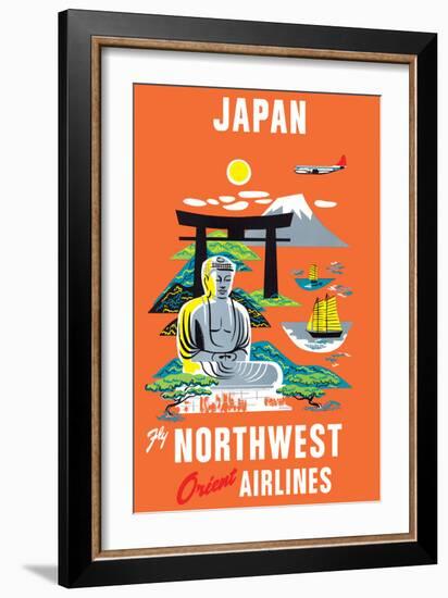 Japan - Fly Northwest Orient Airlines - Vintage Airline Travel Poster, 1950s-Pacifica Island Art-Framed Art Print