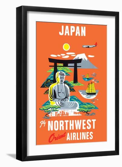 Japan - Fly Northwest Orient Airlines - Vintage Airline Travel Poster, 1950s-Pacifica Island Art-Framed Art Print