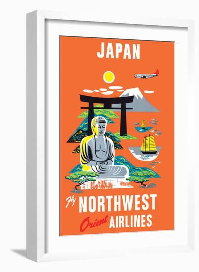 Japan - Fly Northwest Orient Airlines - Vintage Airline Travel Poster, 1950s-Pacifica Island Art-Framed Art Print