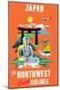 Japan - Fly Northwest Orient Airlines - Vintage Airline Travel Poster, 1950s-Pacifica Island Art-Mounted Art Print