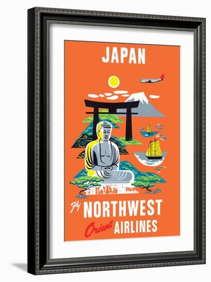 Japan - Fly Northwest Orient Airlines - Vintage Airline Travel Poster, 1950s-Pacifica Island Art-Framed Art Print