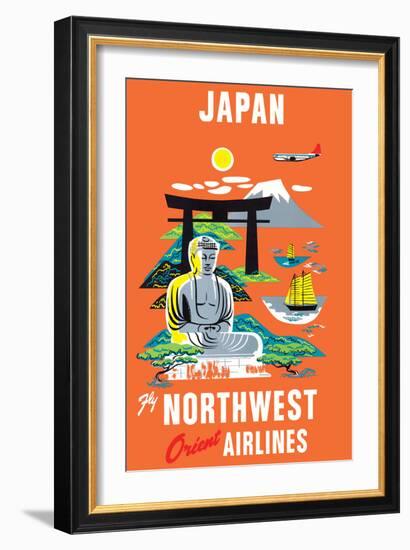 Japan - Fly Northwest Orient Airlines - Vintage Airline Travel Poster, 1950s-Pacifica Island Art-Framed Art Print