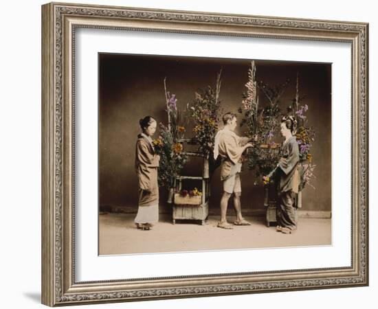 Japan, Japanese Women and Man Flower Arranging-null-Framed Giclee Print