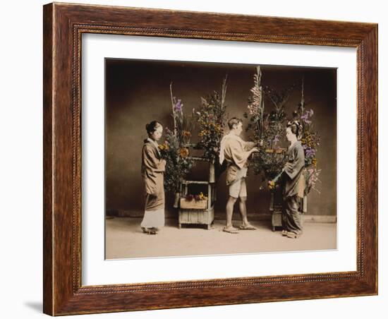 Japan, Japanese Women and Man Flower Arranging-null-Framed Giclee Print