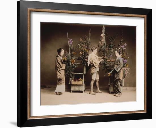 Japan, Japanese Women and Man Flower Arranging-null-Framed Giclee Print