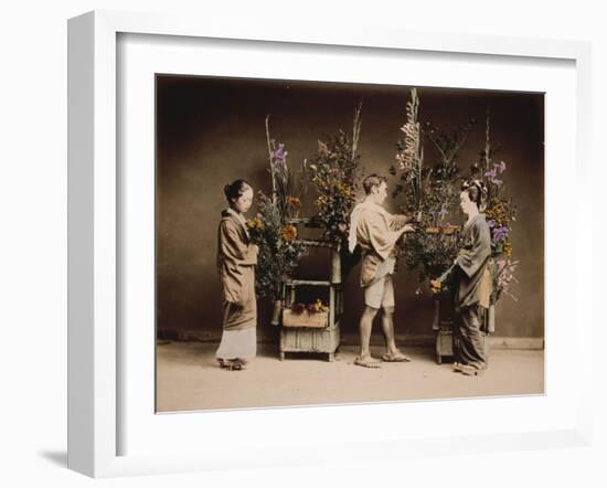 Japan, Japanese Women and Man Flower Arranging-null-Framed Giclee Print