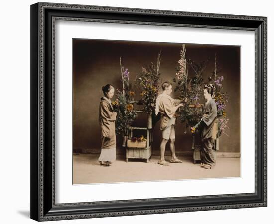 Japan, Japanese Women and Man Flower Arranging-null-Framed Giclee Print