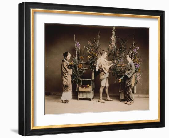 Japan, Japanese Women and Man Flower Arranging-null-Framed Giclee Print