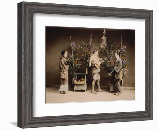 Japan, Japanese Women and Man Flower Arranging-null-Framed Giclee Print