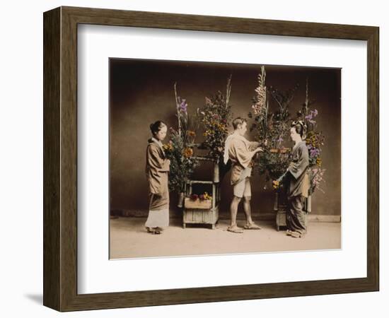 Japan, Japanese Women and Man Flower Arranging-null-Framed Giclee Print