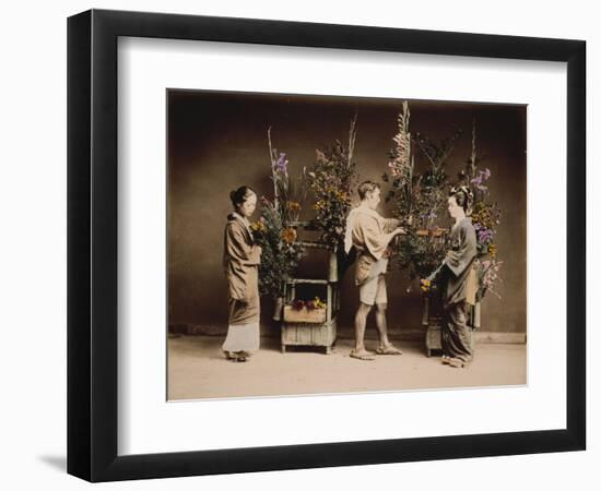 Japan, Japanese Women and Man Flower Arranging-null-Framed Giclee Print