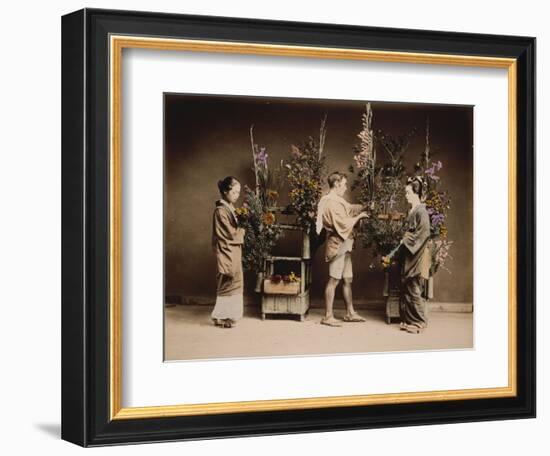 Japan, Japanese Women and Man Flower Arranging-null-Framed Giclee Print