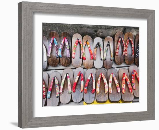 Japan, Kyoto, Higashiyama, Shop Display of Traditional Japanese Sandals or Geta-Steve Vidler-Framed Photographic Print