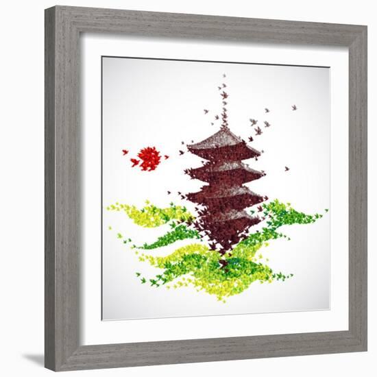 Japan Origami Temple Shaped From Flying Birds-feoris-Framed Art Print