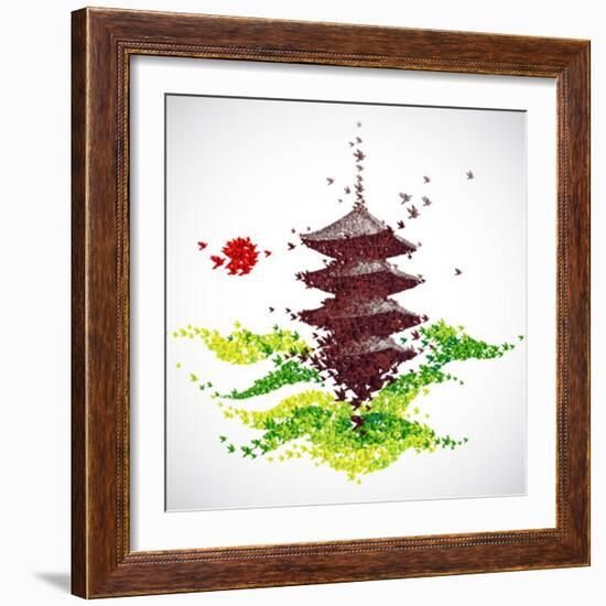 Japan Origami Temple Shaped From Flying Birds-feoris-Framed Art Print