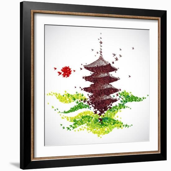 Japan Origami Temple Shaped From Flying Birds-feoris-Framed Art Print