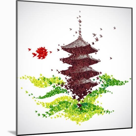 Japan Origami Temple Shaped From Flying Birds-feoris-Mounted Art Print