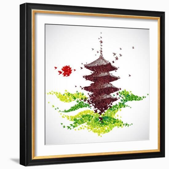 Japan Origami Temple Shaped From Flying Birds-feoris-Framed Art Print