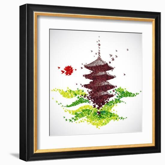 Japan Origami Temple Shaped From Flying Birds-feoris-Framed Art Print