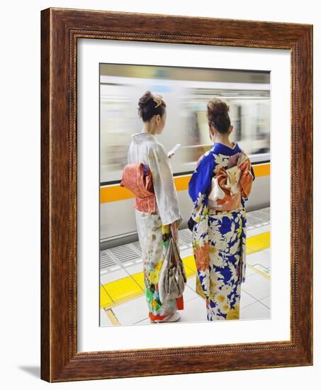 Japan, Tokyo, Girls in Kimono on Subway Platform-Steve Vidler-Framed Photographic Print