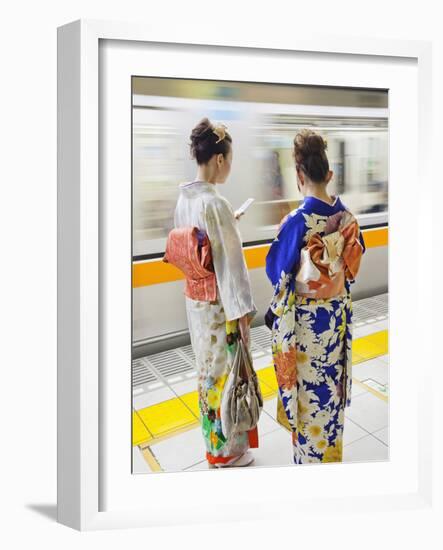 Japan, Tokyo, Girls in Kimono on Subway Platform-Steve Vidler-Framed Photographic Print