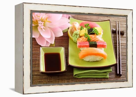 Japan Traditional Food Sushi on Green Plate-egal-Framed Premier Image Canvas