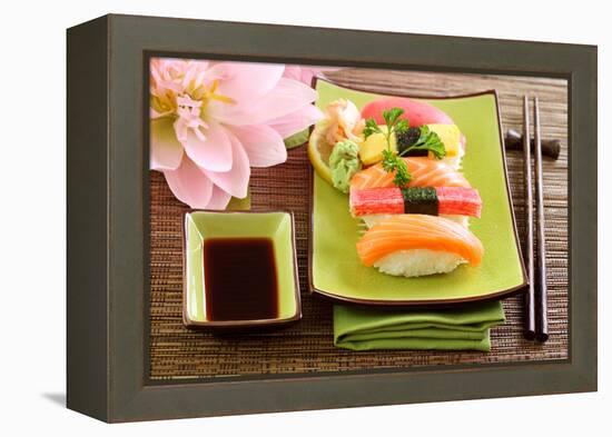 Japan Traditional Food Sushi on Green Plate-egal-Framed Premier Image Canvas