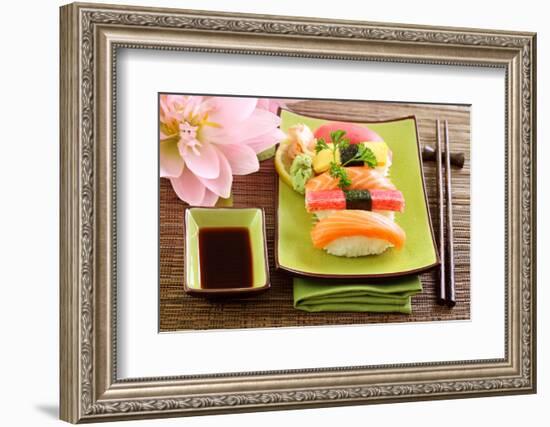 Japan Traditional Food Sushi on Green Plate-egal-Framed Photographic Print