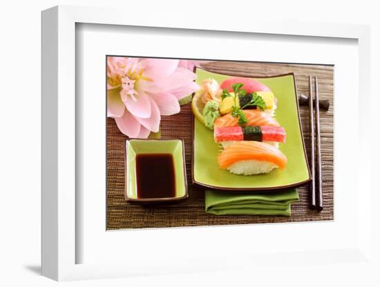 Japan Traditional Food Sushi on Green Plate-egal-Framed Photographic Print