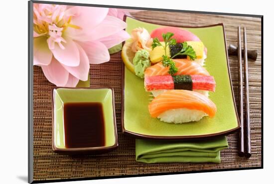 Japan Traditional Food Sushi on Green Plate-egal-Mounted Photographic Print